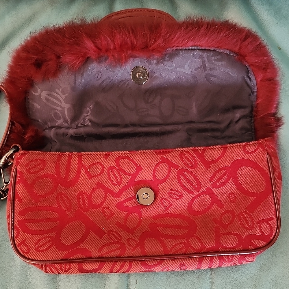 Bebe Red Hand Bag with Fur Trim